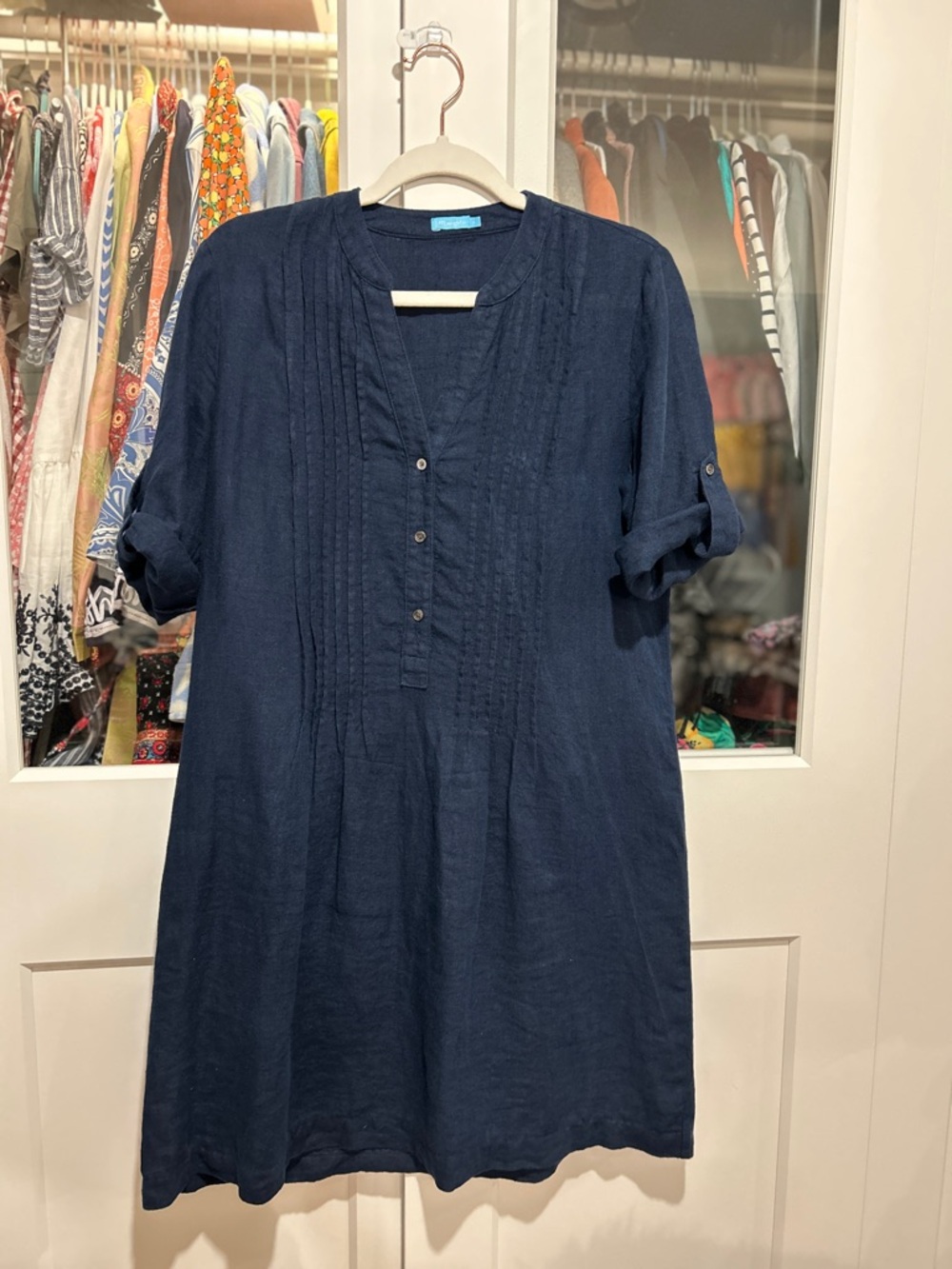 Navy Pintuck Linen Women's Dress